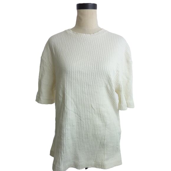 ZARA Ivory Cream Textured Ribbed Knit Short Sleeve Loose Fit Sweater M - Picture 1 of 5
